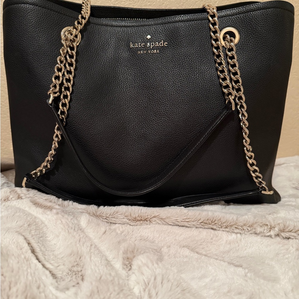 kate spade Black Pebbled Leather Tote with Gold Chain Straps